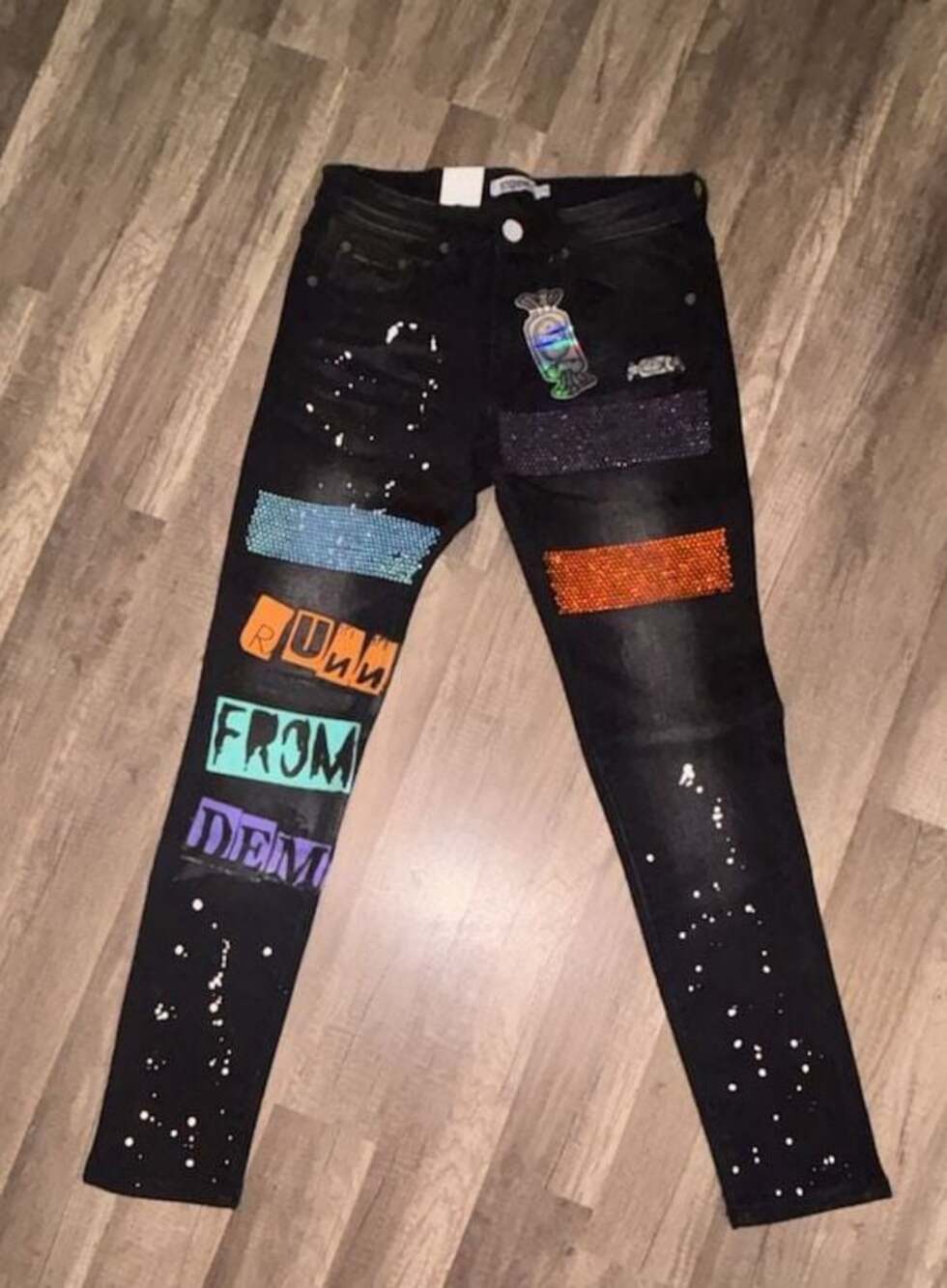 Sugarhill Black Slim Fit Rhinestone Patch Paint Splatter Jeans Size 30